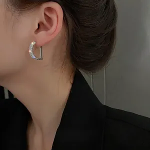 Boucles d'oreilles anneaux lettre D en argent avec zircons blancs sur le mannequin