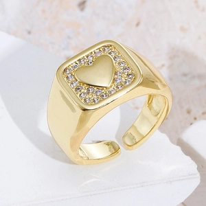 Heart Adjustable Open Ring Copper Zircon 18K Gold Plated Geometric Vintage Jewelry For Women