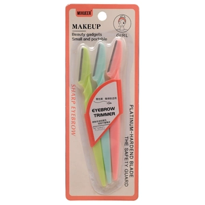 Safety eyebrow razor set in green, blue, and pink with platinum hardened blades
