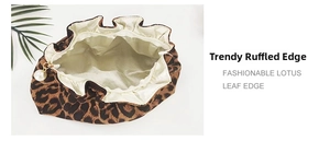 Detail of leopard print pouch featuring fashionable lotus leaf edge and pearl zipper pull