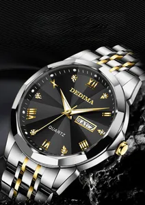 Macro detail of men's luxury watch with black sunburst dial and gold Roman numerals