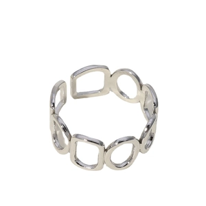 Adjustable silver titanium steel open ring with geometric rectangular and round links