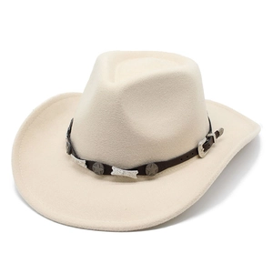 Close-up of wool western hat with brown leather band and silver star metal studs