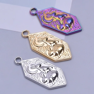Hexagonal stainless steel rabbit and moon pendant in gold, silver, and rainbow finishes
