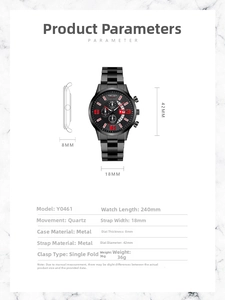 Detailed specs of YOLAKO men's black watch with 42mm dial and 8mm thickness detail