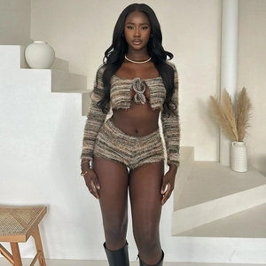 Shaggy Knit Outfit Long Sleeve Tie Front Crop Top And High Waist Shorts Earthy Striped Fuzzy Streetwear Women