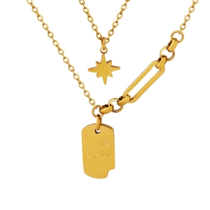 Collier double couche en acier doré avec pendentif étoile et plaque rectangulaire BLISS