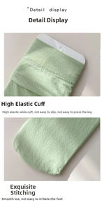 Detail display of light green velvet sock featuring elastic ribbed cuff and flat toe seam
