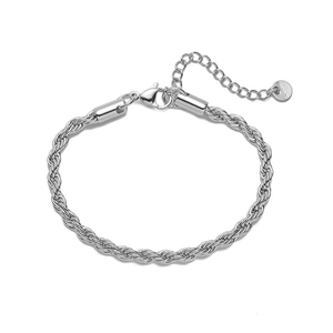 Detailed close-up of a silver stainless steel twist rope chain with lobster clasp closure