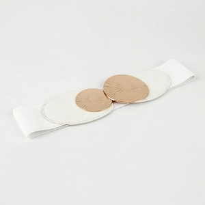 Detail of white elastic waist belt featuring golden interlocking circular metal buckles