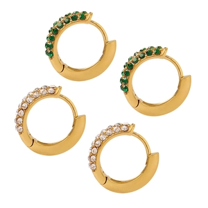 18K gold plated titanium round huggie earrings with green and white zircon crystals