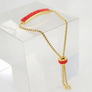 Women Adjustable Slider Bracelet 18K Gold Plated Stainless Steel Pavé Cubic Zirconia Curved Bar Box Chain Fashion Jewelry