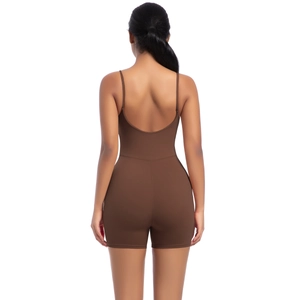 Deep brown backless yoga bodysuit featuring thin straps and high-elasticity shaping fabric