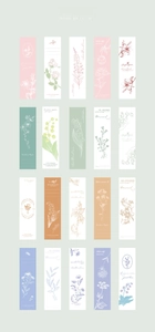 Detail of 20 Morandi floral bookmarks with minimalist botanical line art and typography