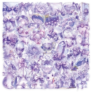 Detailed view of aesthetic purple stickers featuring floral and fantasy watercolor motifs