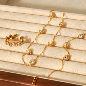 18K gold plated stainless steel jewelry set featuring zircon necklace and open ring