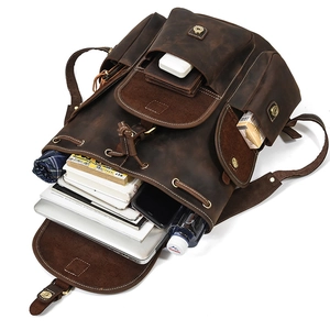 Detail view of large capacity crazy horse leather backpack with multi-pocket storage