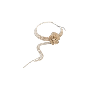 Luxurious camellia flower choker necklace with sparkling tassel and gold finish