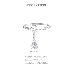 Detailed view of S925 sterling silver ring with heart zirconia pendant and size dimensions