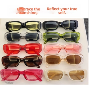 Collection of ten vintage rectangle sunglasses in various candy colors and classic patterns