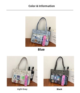 Detailed view of large Oxford fabric ita-bags with transparent PVC windows in three colors