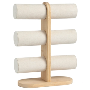 Bamboo 3-tier jewelry display stand for bracelets and watches with beige velvet finish