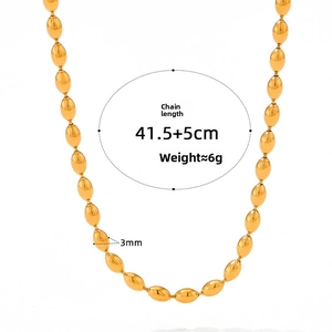 Detail of golden olive bead necklace showing length 41.5+5cm and 3mm width dimensions