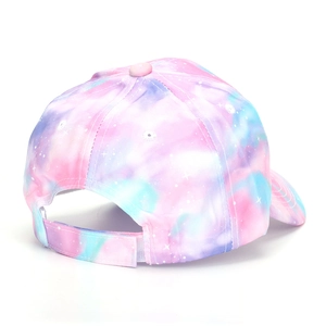 Detail view of the adjustable velcro strap on tie-dye baseball cap back profile
