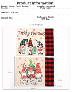 Christmas gnome burlap placemat with red plaid detail and size dimensions 44x33 cm