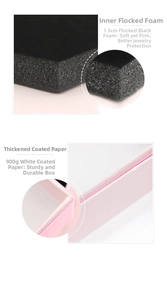Detail of pink jewelry box with 1.3cm velvet sponge lining and premium textured paper