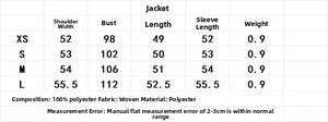 Detailed size chart for women fashion jacket showing shoulder and chest measurements