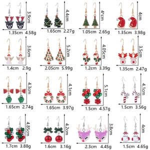 Detailed size chart showing dimensions and weight for 16 colorful Christmas earrings