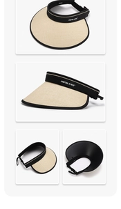 Detail view of adjustable straw sun visor with black trim and wide brim protection