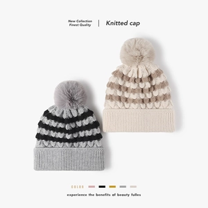 Women Winter Knitted Beanie Hat Faux Rabbit Fur Yarn Fleece Lined Warm Striped Color Block With Faux Fur Pom Pom