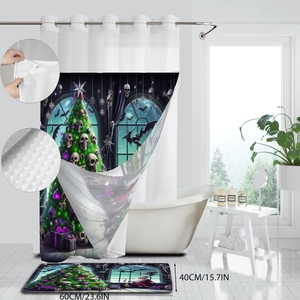 Gothic skull Christmas tree shower curtain set with matching bathroom floor mat