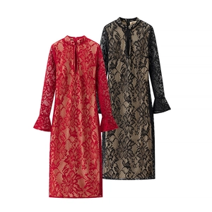 Red and black lace hollow out mini dress with high collar and flare sleeves