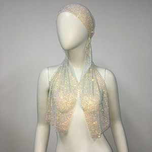 Detail of glittery AB rhinestone long tail headscarf on a white mannequin head