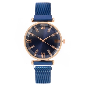 Elegant women quartz watch with blue mesh magnetic strap and Roman numerals dial