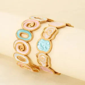 Stainless Steel Gold Plated Open Bangle For Women Colorful Enamel Hollow Flower Spiral Vintage Elegant Cuff Bracelet