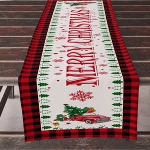 Nordic Christmas table runner with red plaid border and Merry Christmas print on wood