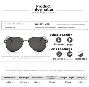 Detailed size chart for polarized aviator sunglasses showing 149mm width and 24g weight