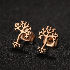 Minimalist 18K gold plated stainless steel tree of life stud earrings on black texture