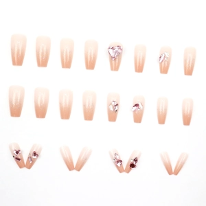Pink gradient long ballet press-on nails with silver glitter and heart crystal accents