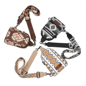Detailed view of three ethnic canvas crossbody bags with geometric patterns and wide straps