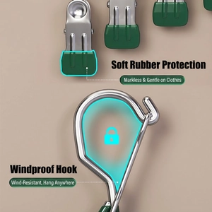 Stainless steel laundry drying rack with windproof hook and non-marking green soft clips