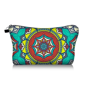 Detail of colorful mandala print makeup bag with durable zipper and black top handle