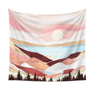 Detailed texture of fabric tapestry featuring abstract pink and gold mountain landscape