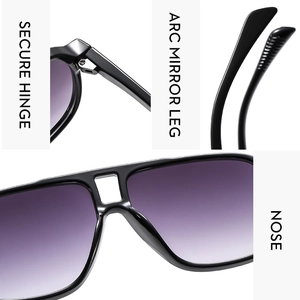 Detail view of reinforced metal hinges and curved temples on black pilot sunglasses
