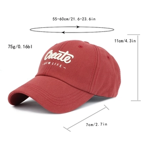 Detail of red baseball cap with white 3D embroidery and dimensions specifications