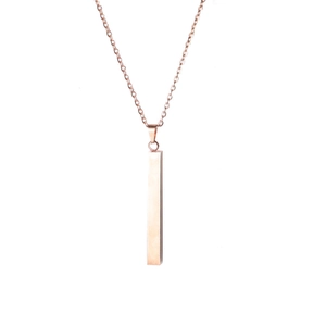 Detailed view of a vertical rose gold bar necklace with a minimalist polished finish
